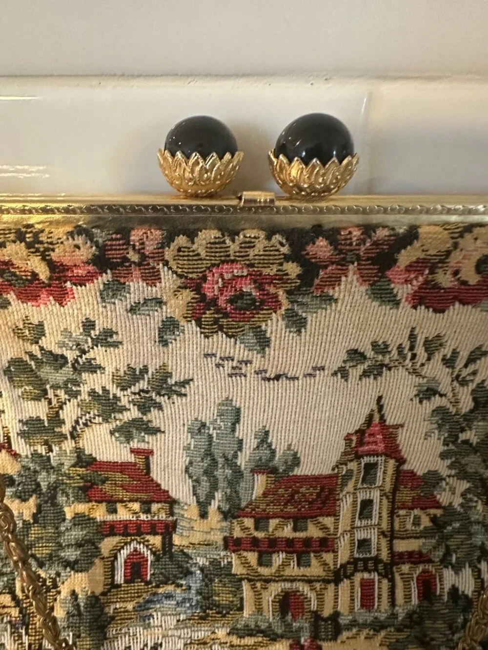 Vintage Mid-Century Tapestry Bag Clutch Pastoral Landscape Made in France Strap